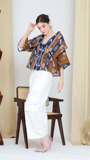 BROWN BLUE IKAT WIDE COLLAR JACKET