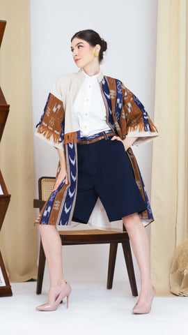 Brown Blue Fringe Ikat Long Outer