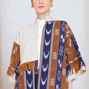 Brown Blue Fringe Ikat Long Outer