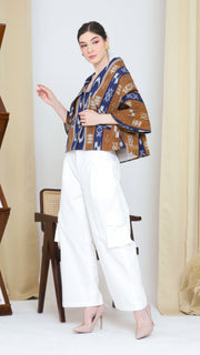 BROWN BLUE IKAT WIDE COLLAR JACKET