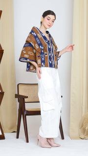 BROWN BLUE IKAT WIDE COLLAR JACKET