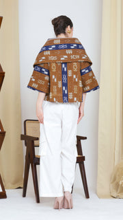 BROWN BLUE IKAT WIDE COLLAR JACKET