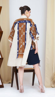 Brown Blue Fringe Ikat Long Outer