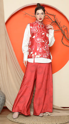 RED FLORAL SIDE BUTTON VEST with  PANTS SET