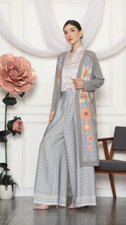 GREY MONOGRAM FLORAL CARDIGAN AND PANTS SET