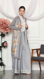 GREY MONOGRAM FLORAL CARDIGAN AND PANTS SET