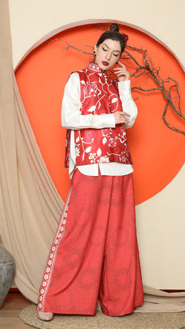 RED FLORAL SIDE BUTTON VEST with  PANTS SET