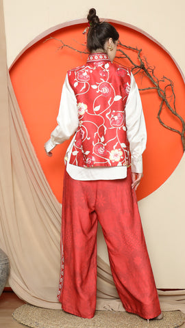 RED FLORAL SIDE BUTTON VEST with  PANTS SET