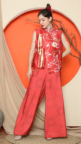 RED CHONGSAM FLORAL VEST with FLORAL PANTS SET