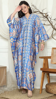 Blue Ikat Gold Long Sleeve Kaftan