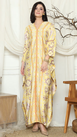 Yellow Ikat Gold Long Sleeve Kaftan