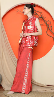 RED CHONGSAM FLORAL VEST with FLORAL PANTS SET