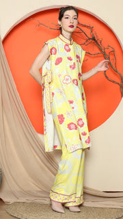 YELLOW VEST KIMONO JACQUARD FLORAL PANT SET