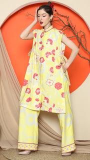 YELLOW VEST KIMONO JACQUARD FLORAL PANT SET