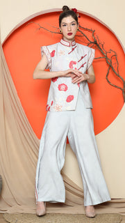 GREY CHONGSAM FLORAL VEST with WIDE LEG PANT SET