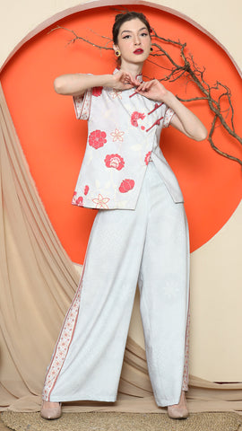 GREY CHONGSAM FLORAL VEST with WIDE LEG PANT SET