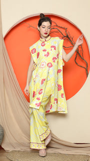 YELLOW VEST KIMONO JACQUARD FLORAL PANT SET