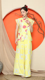 YELLOW CHONGSAM FLORAL VEST with WIDE LEG PANT SET