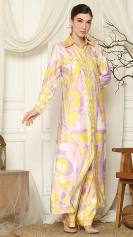 Yellow Pink Abstract Outer Pant Set