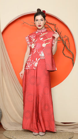 RED CHONGSAM FLORAL VEST with WIDE LEG PANT SET