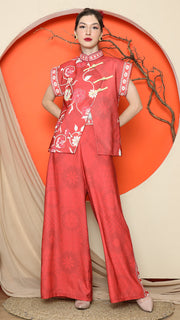 RED CHONGSAM FLORAL VEST with WIDE LEG PANT SET