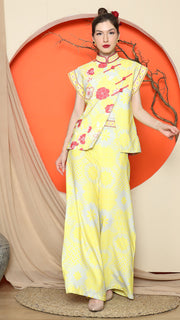 YELLOW CHEONGSAM FLORAL VEST with WIDE LEG PANT SET