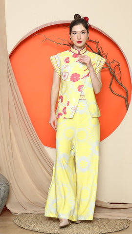 YELLOW CHEONGSAM FLORAL VEST with WIDE LEG PANT SET