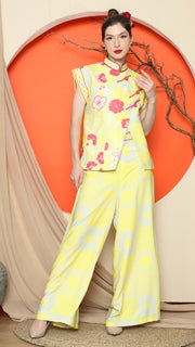 YELLOW CHEONGSAM FLORAL VEST with WIDE LEG PANT SET