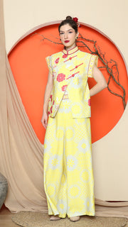 YELLOW CHEONGSAM FLORAL VEST with WIDE LEG PANT SET