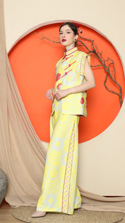 YELLOW CHEONGSAM FLORAL VEST with WIDE LEG PANT SET