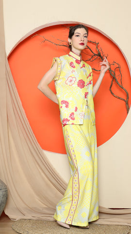 YELLOW CHEONGSAM FLORAL VEST with WIDE LEG PANT SET