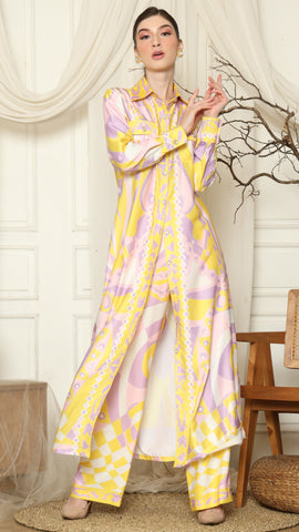 Yellow Pink Abstract Outer Pant Set