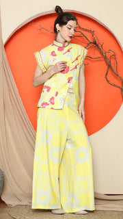 YELLOW CHEONGSAM FLORAL VEST with WIDE LEG PANT SET