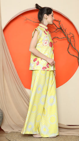 YELLOW CHEONGSAM FLORAL VEST with WIDE LEG PANT SET