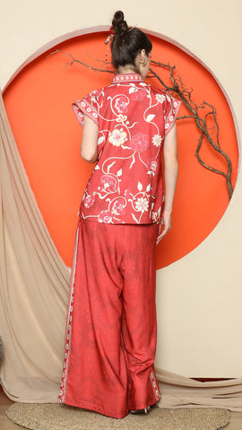 RED CHONGSAM FLORAL VEST with WIDE LEG PANT SET