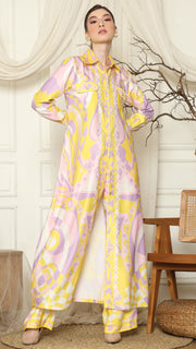 Yellow Pink Abstract Outer Pant Set