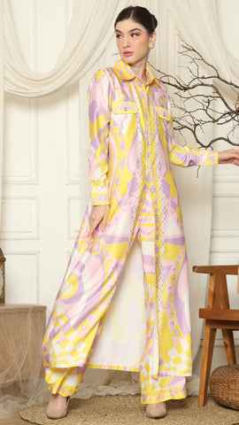 Yellow Pink Abstract Outer Pant Set