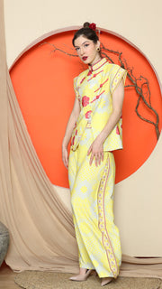 YELLOW CHONGSAM FLORAL VEST with WIDE LEG PANT SET