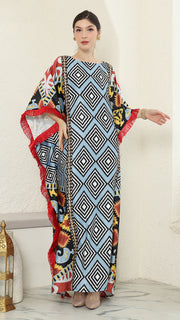 Blue Tribal Ikat Fringe Short Sleeve Kaftan