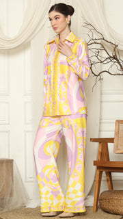 Yellow Pink  Abstract Shirt with Pant Set