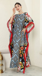 Blue Tribal Ikat Fringe Short Sleeve Kaftan