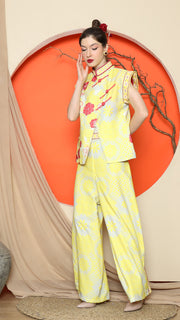 YELLOW CHONGSAM FLORAL VEST with WIDE LEG PANT SET