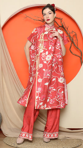 RED ORIENTAL FLORAL CHONGSAM PANT SET