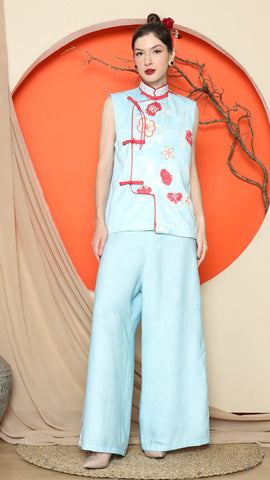 BLUE CHONGSAM FLORAL VEST with PANT SET