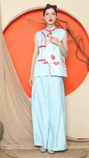 BLUE CHEONGSAM FLORAL VEST with PANT SET