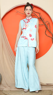 BLUE CHEONGSAM FLORAL VEST with PANT SET