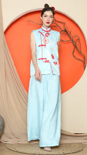 BLUE CHEONGSAM FLORAL VEST with PANT SET