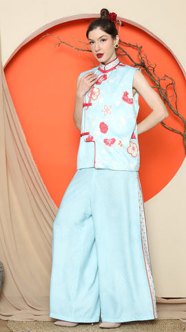 BLUE CHEONGSAM FLORAL VEST with PANT SET