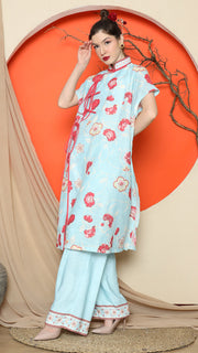 BLUE ORIENTAL FLORAL CHONGSAM PANT SET