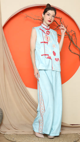 BLUE CHEONGSAM FLORAL VEST with PANT SET